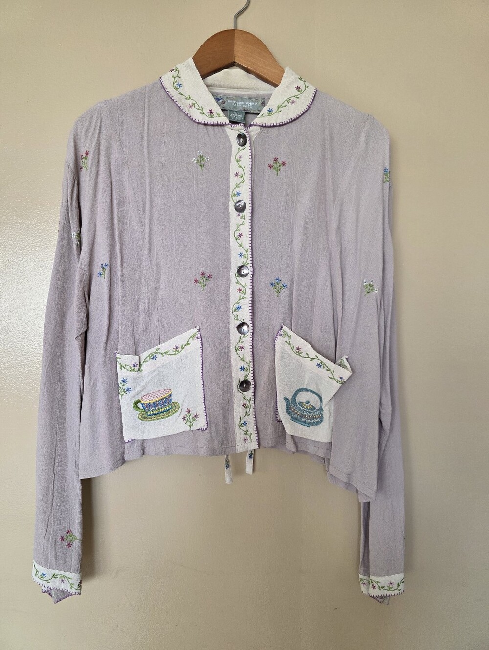 VTG 90s Papy Boez Hand Embroidered Top Cottagecore Storybook M/L Whimsical Artsy
